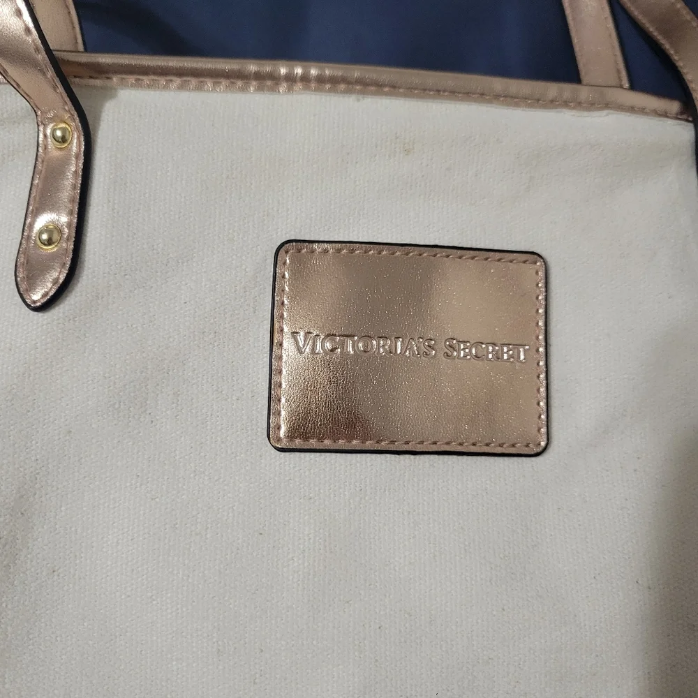VICTORIA SECRET Zip Tote Handbag Beach Rose Gold Beige Canvas Bag